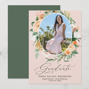 Botanische Boho Pink Fotoaankondiging Afstuderen Kaart