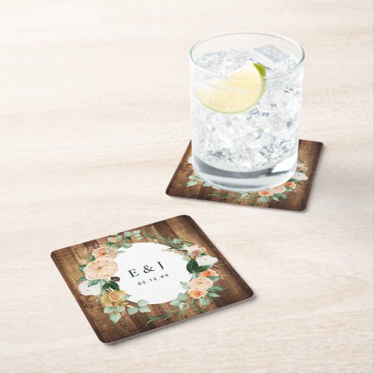 Botanische Boho Rustic Wood Monogram Barn Wedding Kartonnen Onderzetters (Insitu)