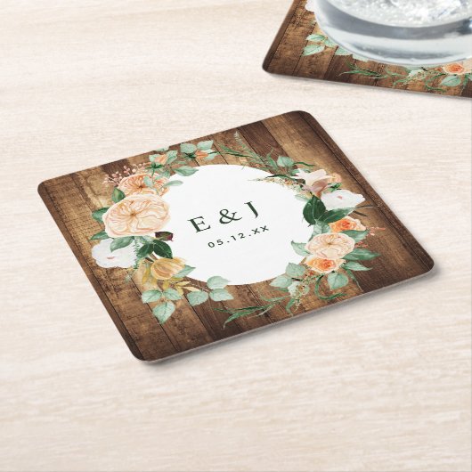 Botanische Boho Rustic Wood Monogram Barn Wedding Kartonnen Onderzetters (Schuin)