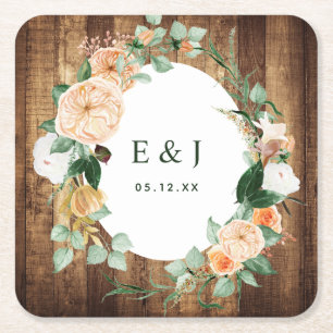 Botanische Boho Rustic Wood Monogram Barn Wedding Kartonnen Onderzetters