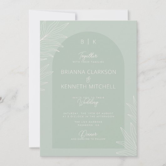 Botanische Boho Sage Groen met Boog Foto Bruiloft Kaart (Voorkant)