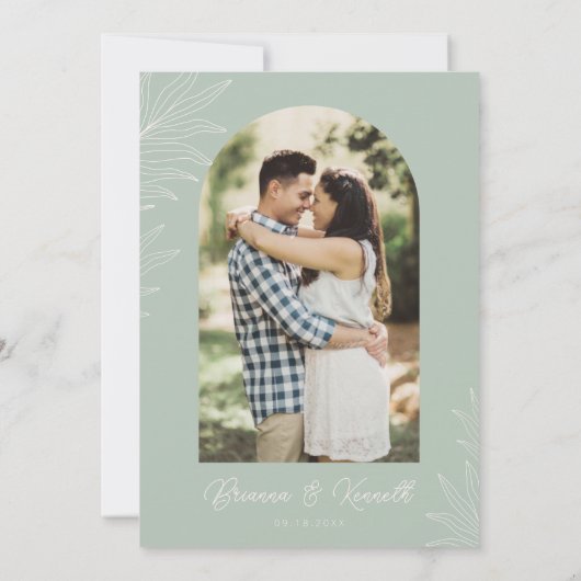 Botanische Boho Sage Groen met Boog Foto Bruiloft Kaart (Achterkant)
