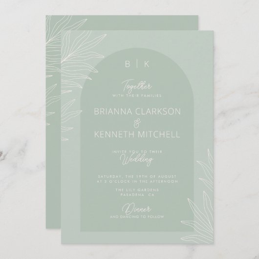 Botanische Boho Sage Groen met Boog Foto Bruiloft Kaart (Voorkant / Achterkant)