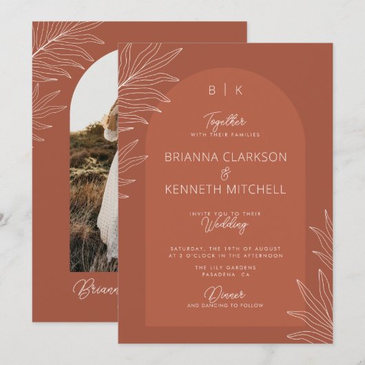 Botanische Boho Terracotta met boog Foto Bruiloft Kaart (Voorkant / Achterkant)