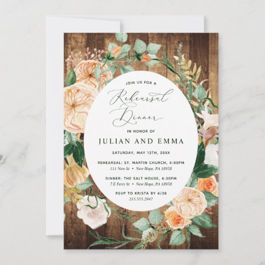 Botanische Boho Woodgrain Rustic Rehearsal Dinner Kaart (Voorkant)