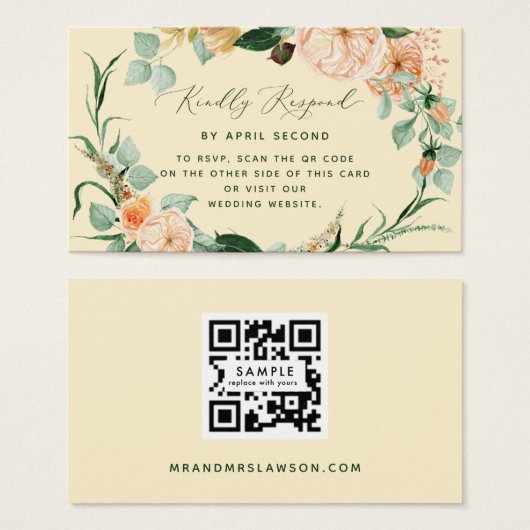 Botanische Boho Yellow Weddenschap QR-code RSVP-ka Visitekaartje (Voorkant /achterkant)