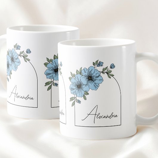 Botanische Boog Black Script Elegante Blauwe Bloem Koffiemok