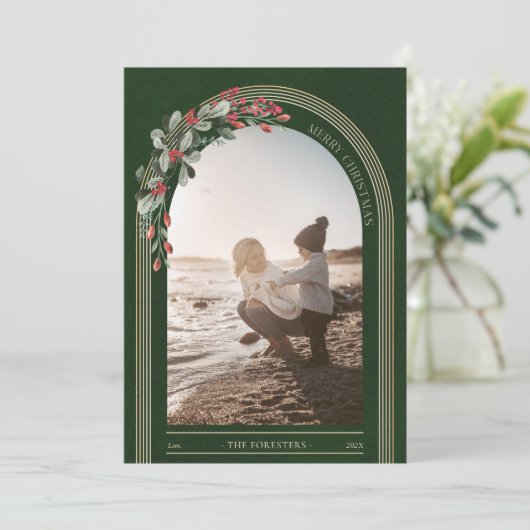 Botanische boog moderne foto Kerstmis Feestdagenkaart (Staand voorkant)