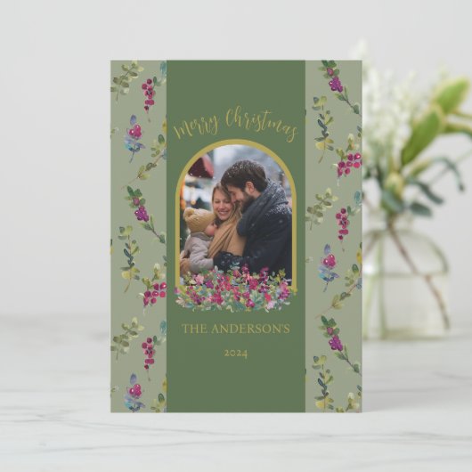 Botanische boog waterverf bessen kerstkaart (Staand voorkant)