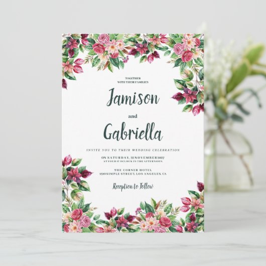 Botanische bordeaux roze groen bloemen land bruilo kaart (Staand voorkant)