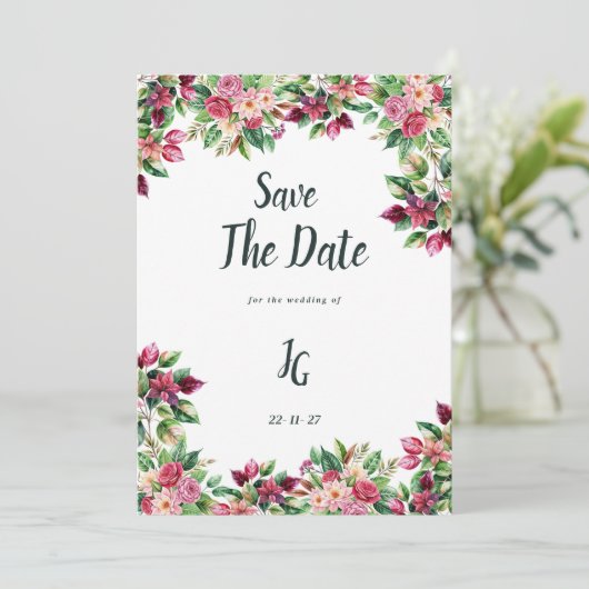 Botanische bordeaux roze groene bloemen Save The D Kaart (Staand voorkant)