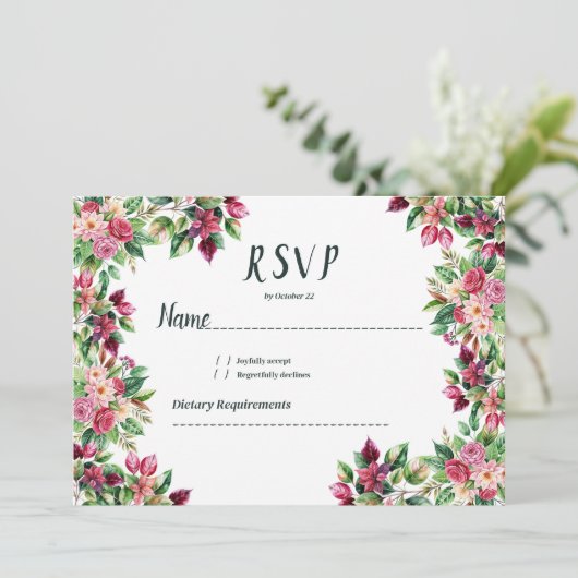 Botanische bordeauxrode groene bloemenland RSVP Kaart (Staand voorkant)