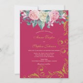 Botanische Bouquet Magenta Faux Gold Glitter Swirl Kaart (Voorkant)