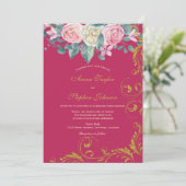 Botanische Bouquet Magenta Faux Gold Glitter Swirl Kaart (Staand voorkant)