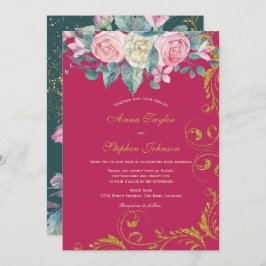 Botanische Bouquet Magenta Faux Gold Glitter Swirl Kaart
