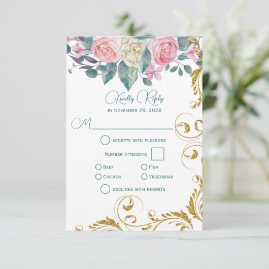 Botanische Bouquet met Faux Gold Swirl RSVP (Staand voorkant)
