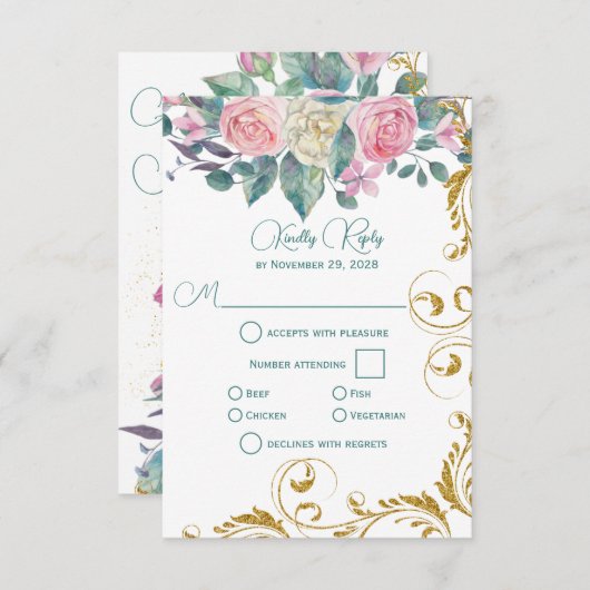 Botanische Bouquet met Faux Gold Swirl RSVP (Voorkant / Achterkant)