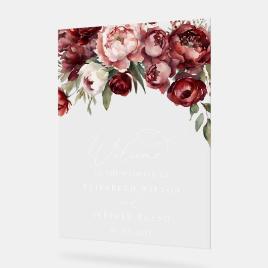 Botanische Bourgogne Bloemen Bruiloft Welkomstbord Acryl Bord (Hoek)