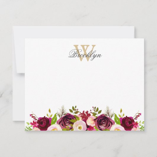 Botanische Bourgogne Blush Floral Monogram Notitie Bedankkaart (Voorkant)