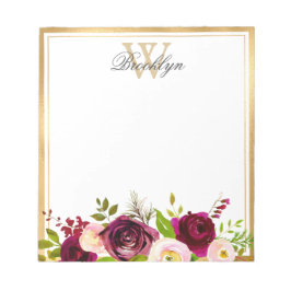 Botanische Bourgogne Blush Pink Floral Monogram Op Notitieblok