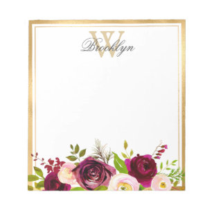 Botanische Bourgogne Blush Pink Floral Monogram Op Notitieblok
