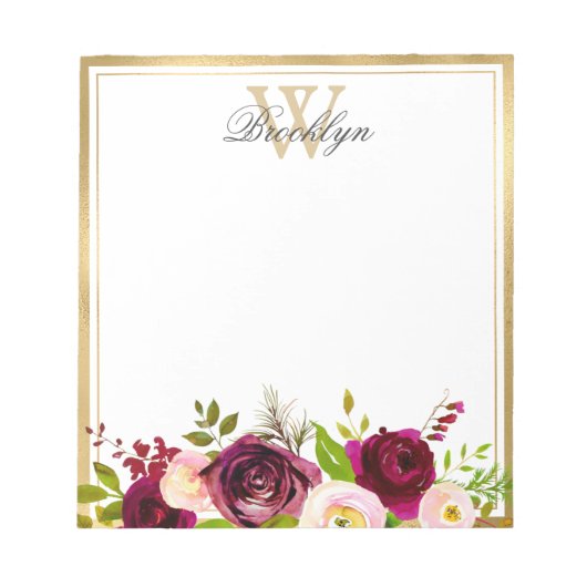Botanische Bourgogne Blush Pink Floral Monogram Op Notitieblok (Voorkant)