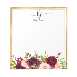 Botanische Bourgogne Blush Pink Floral Monogram Op Notitieblok