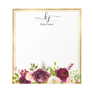 Botanische Bourgogne Blush Pink Floral Monogram Op Notitieblok