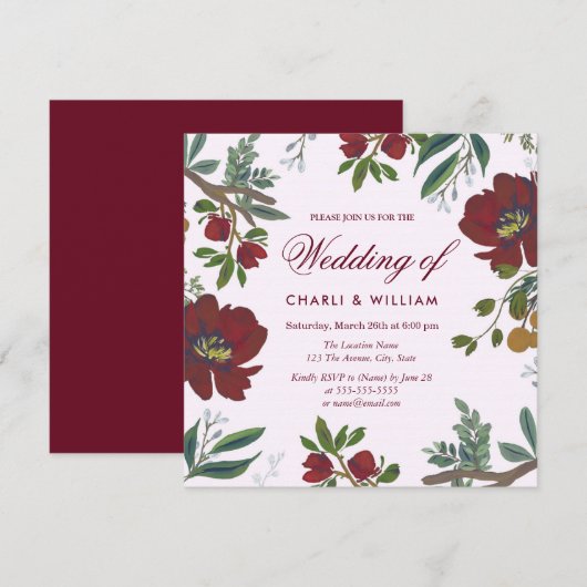 Botanische Bourgogne Red Elegant Wedding Invite Kaart (Voorkant / Achterkant)