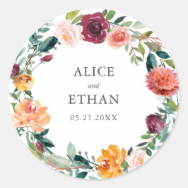 Botanische Bourgondische oranje krans bruiloft Ronde Sticker