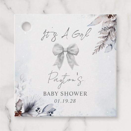 Botanische Bow Winter Sneeuwmeisje Baby shower Bedankjes Labels (Voorkant)