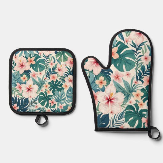 Botanische Breeze – Tropische Bloemenoven Mitt & P Ovenwant & Pannenlap Set (Voorkant)