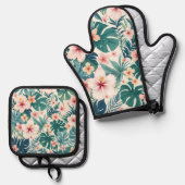 Botanische Breeze – Tropische Bloemenoven Mitt & P Ovenwant & Pannenlap Set (Voorkant / Achterkant)