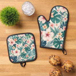 Botanische Breeze – Tropische Bloemenoven Mitt & P Ovenwant & Pannenlap Set