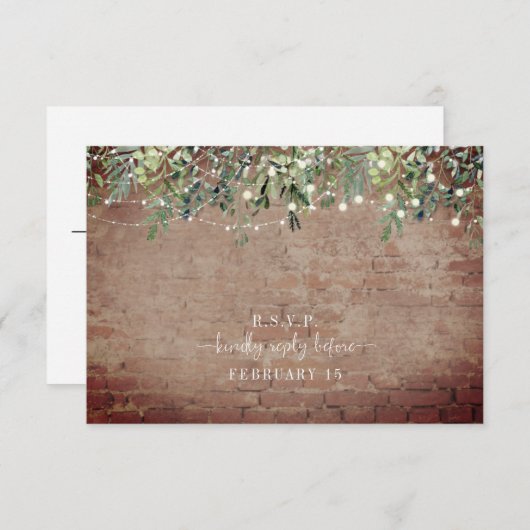Botanische Brick Greenery String Lights Wedding RSVP Kaartje (Voorkant / Achterkant)