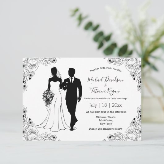 Botanische bruid en bruidegom illustratie bruiloft kaart (Staand voorkant)