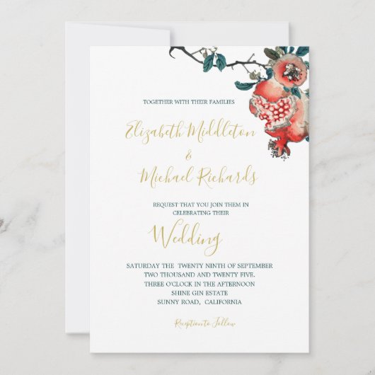 Botanische bruiloft Gold Elegant Modern Pomegranat Kaart (Voorkant)