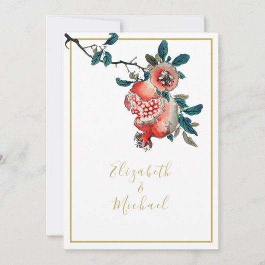 Botanische bruiloft Gold Elegant Modern Pomegranat Kaart (Achterkant)