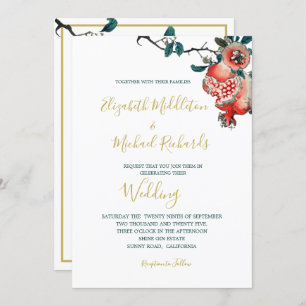 Botanische bruiloft Gold Elegant Modern Pomegranat Kaart