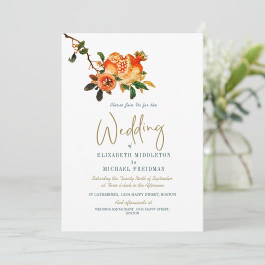 Botanische bruiloft Gold Elegant Modern Pomegranat Kaart (Staand voorkant)