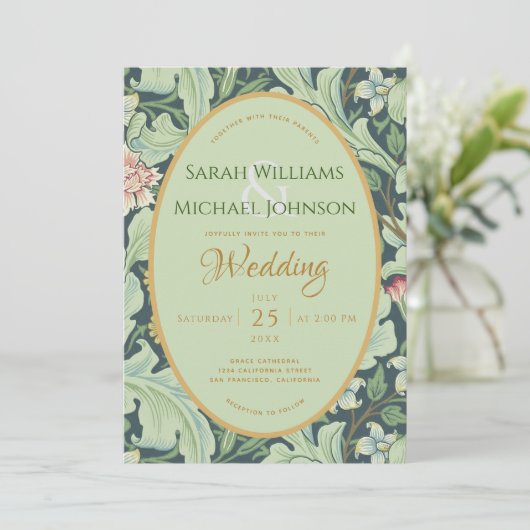 Botanische bruiloft groen laat gouden munt kaart (Staand voorkant)