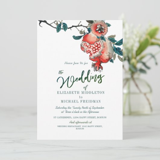 Botanische bruiloft Groene bladeren Modern Pomegra Kaart (Staand voorkant)