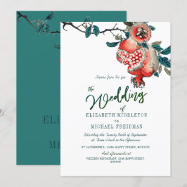 Botanische bruiloft Groene bladeren Modern Pomegra Kaart