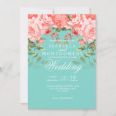 Botanische Bruiloft Koraal Bloemen op Blauwgroen Kaart (Voorkant)