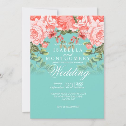 Botanische Bruiloft Koraal Bloemen op Blauwgroen Kaart (Voorkant)