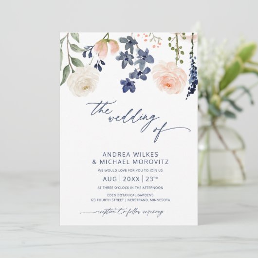 Botanische bruiloft met blauwe en pekelbloemen kaart (Staand voorkant)