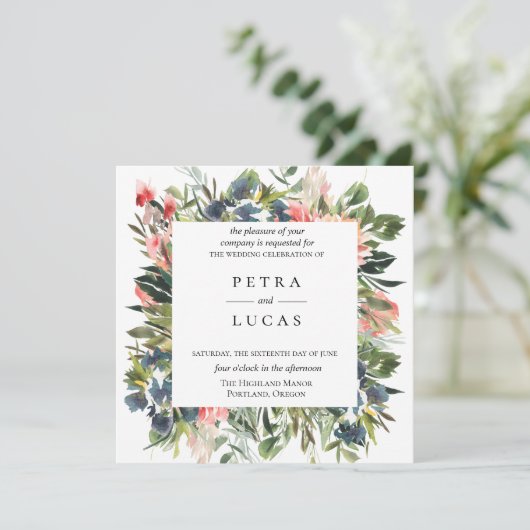 Botanische bruiloft met marinekoraal kaart (Staand voorkant)