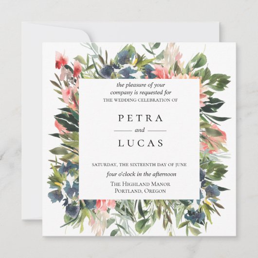 Botanische bruiloft met marinekoraal kaart (Voorkant)