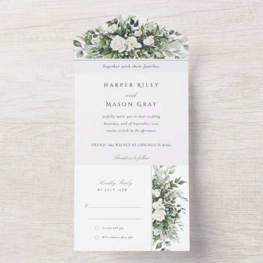 Botanische bruiloft met uitscheurbare RSVP All In One Uitnodiging (Binnen)