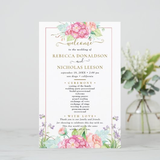 Botanische bruiloft programma Elegant Cute Flowers (Staand voorkant)